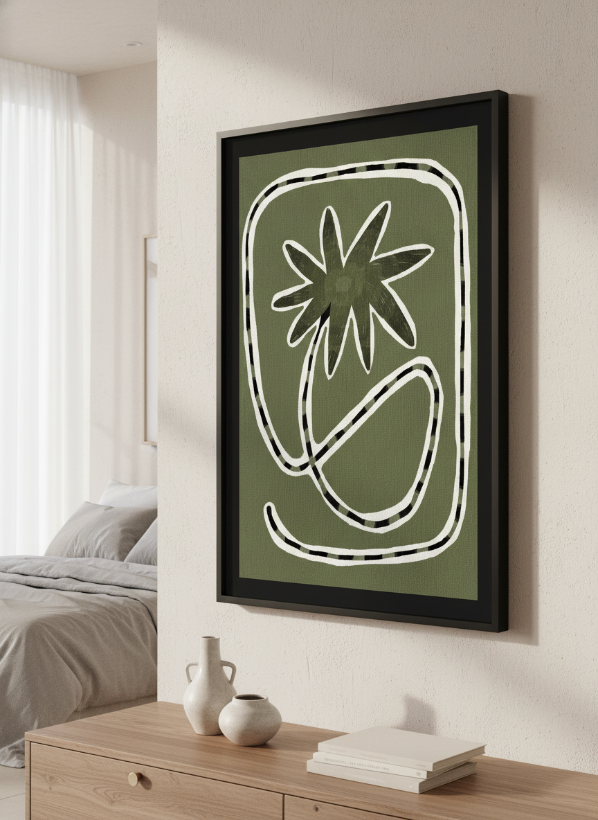 Minimalist artwork displayed in a calm, light-filled bedroom interior