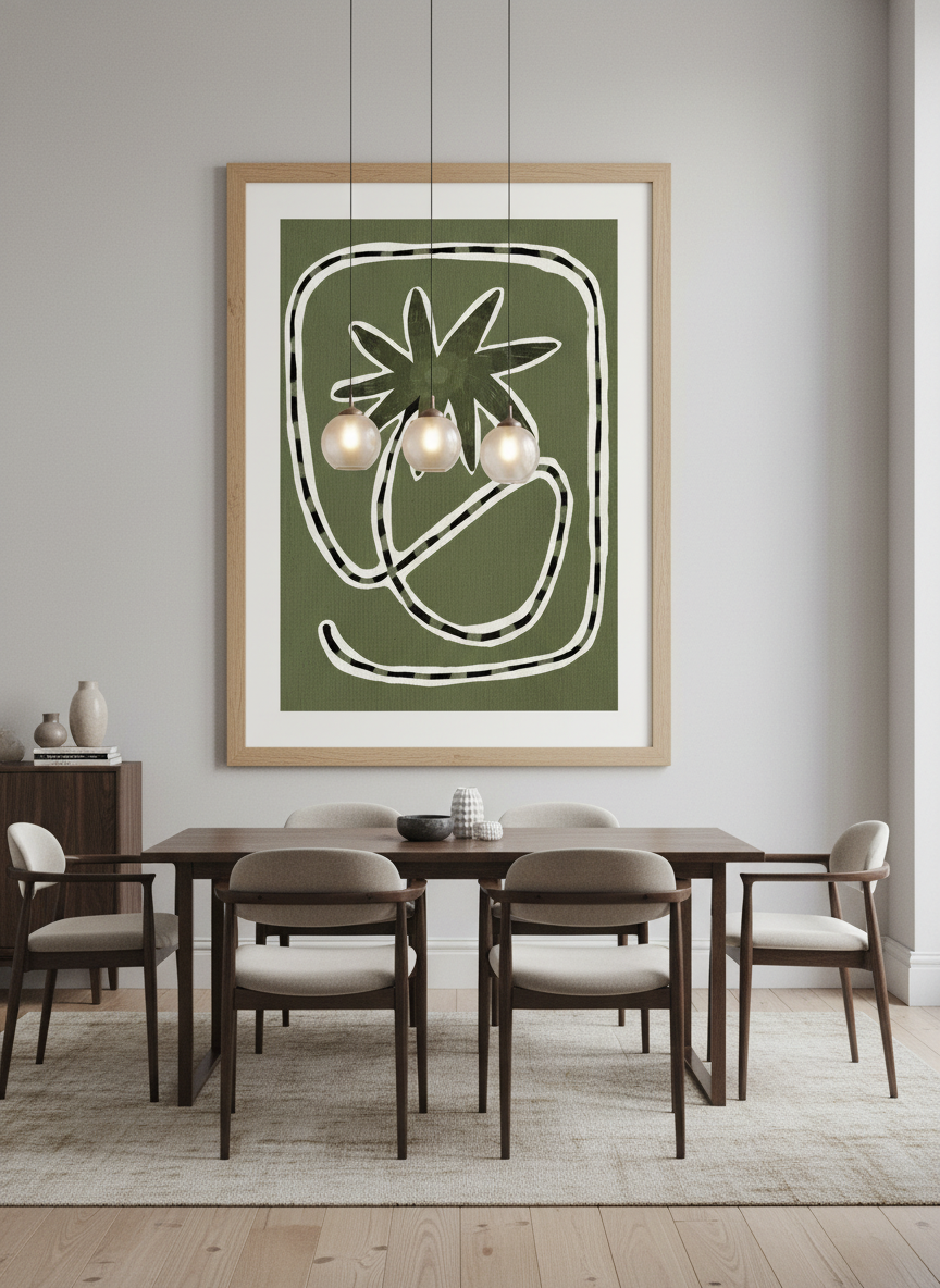 Wall art styled above a dining table in a contemporary home
