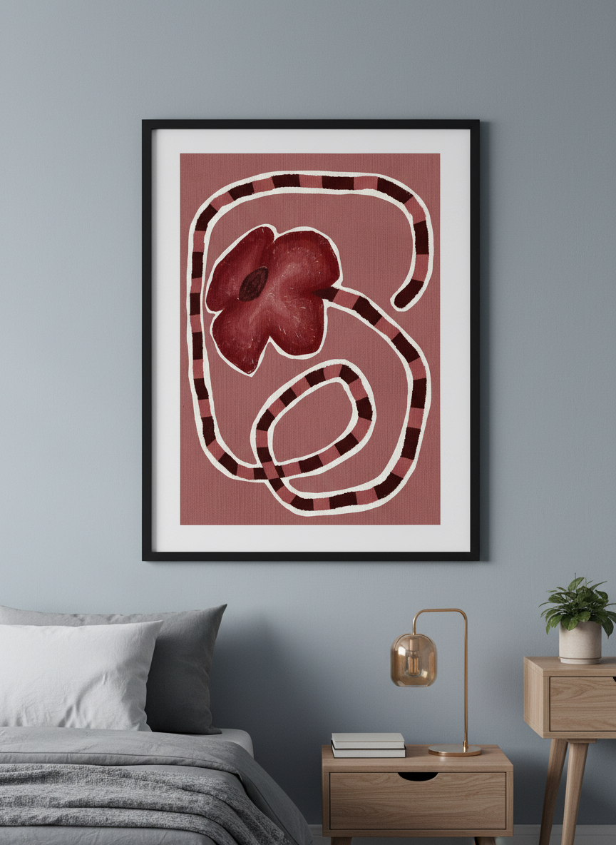 Minimalist artwork displayed in a calm, light-filled bedroom interior