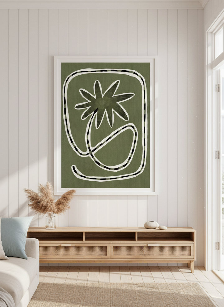 Neutral wall art displayed in a sunny coastal beach house
