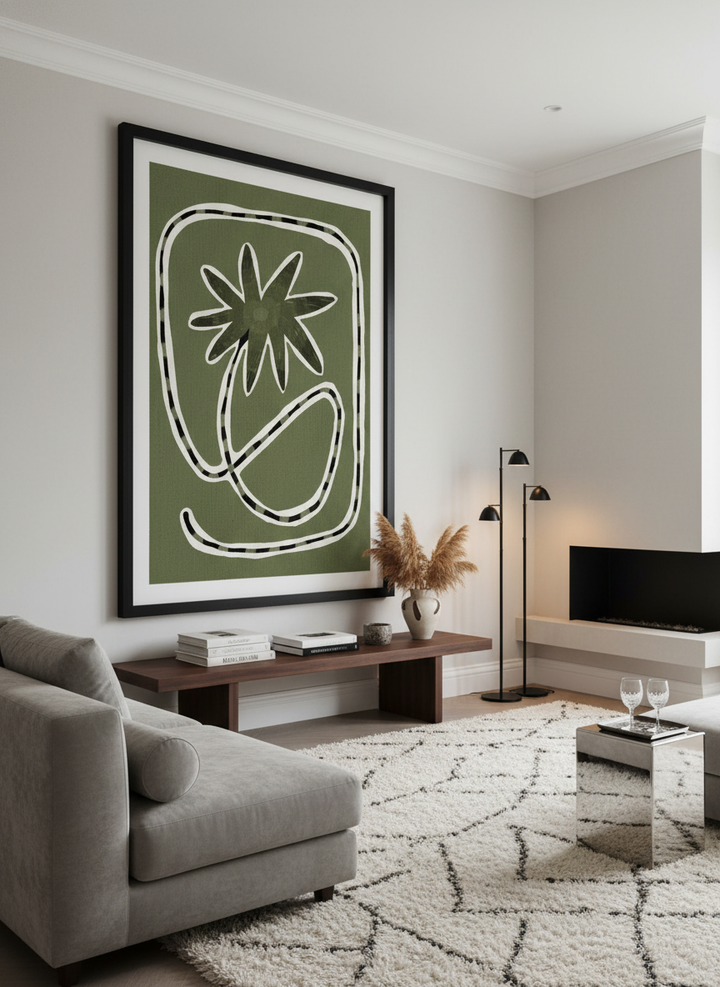 Monumental artwork centred on a feature wall in a luxe interior