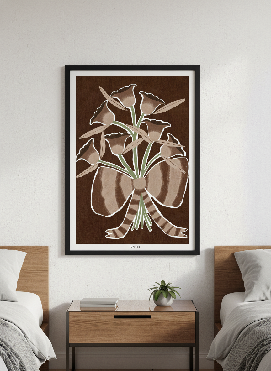 Minimalist artwork displayed in a calm, light-filled bedroom interior