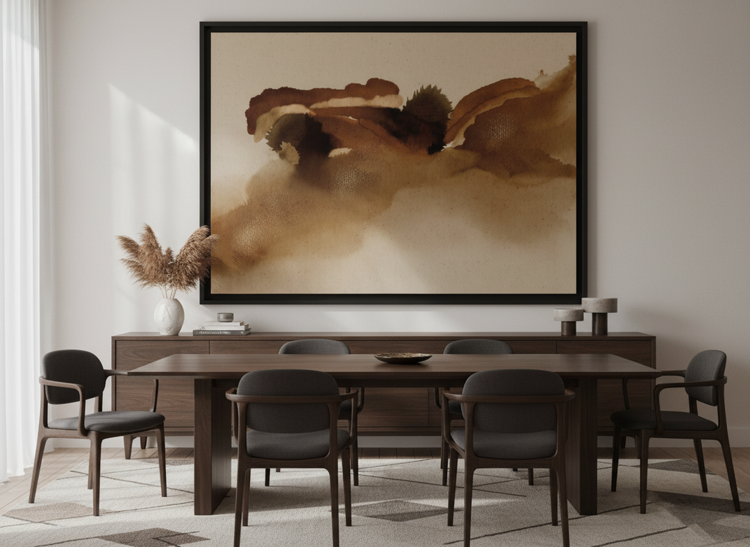 Monumental artwork centred on a feature wall in a luxe interior