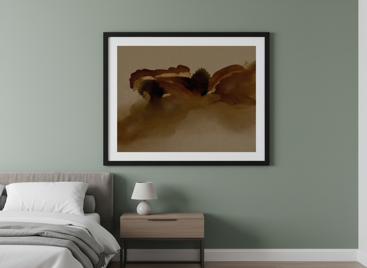 Minimalist artwork displayed in a calm, light-filled bedroom interior
