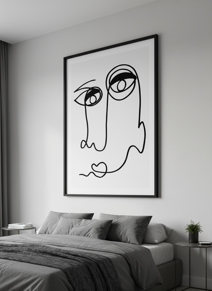 Minimalist artwork displayed in a calm, light-filled bedroom interior