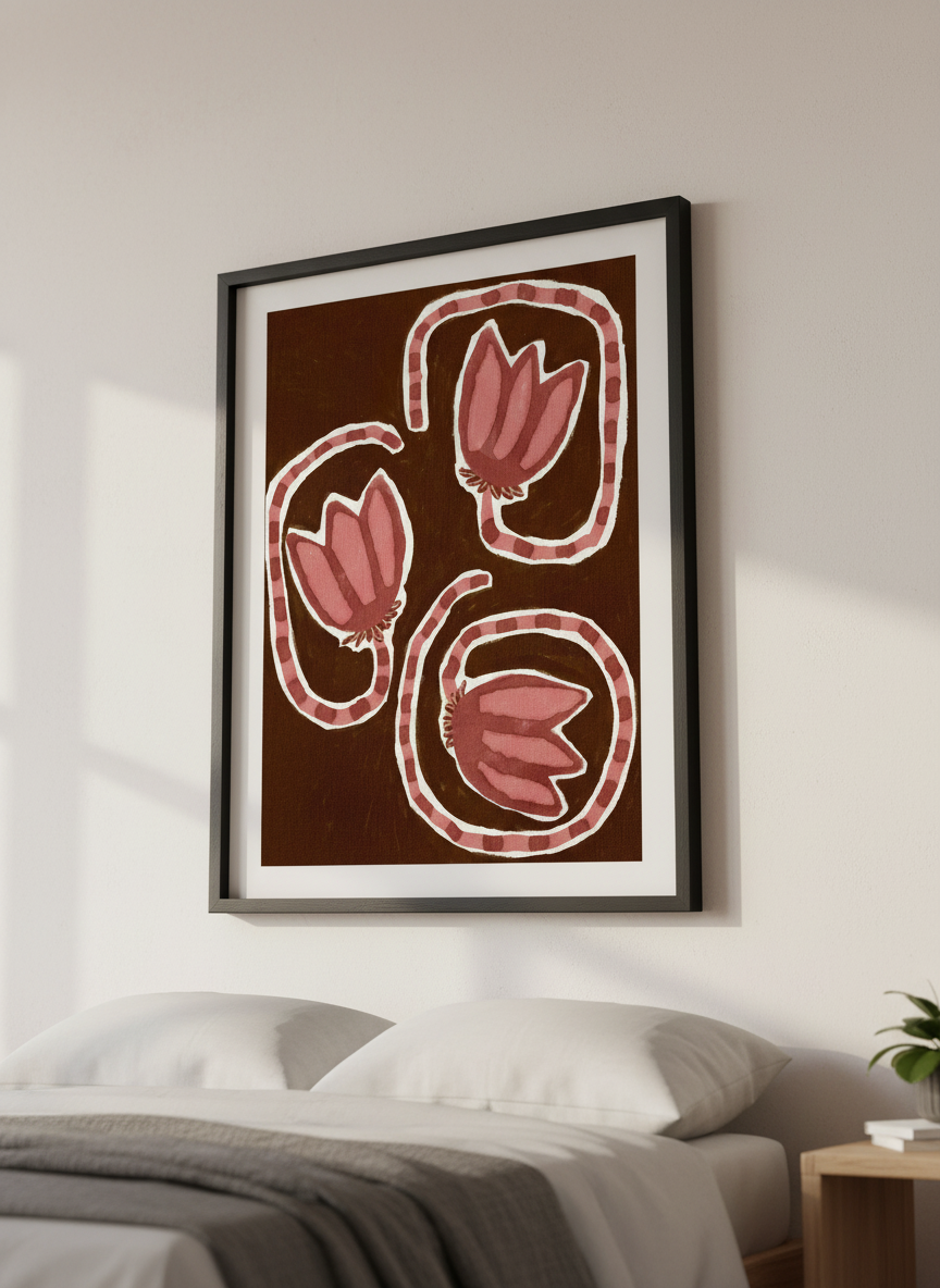 Minimalist artwork displayed in a calm, light-filled bedroom interior