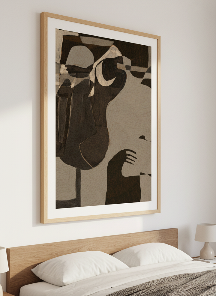 Minimalist artwork displayed in a calm, light-filled bedroom interior