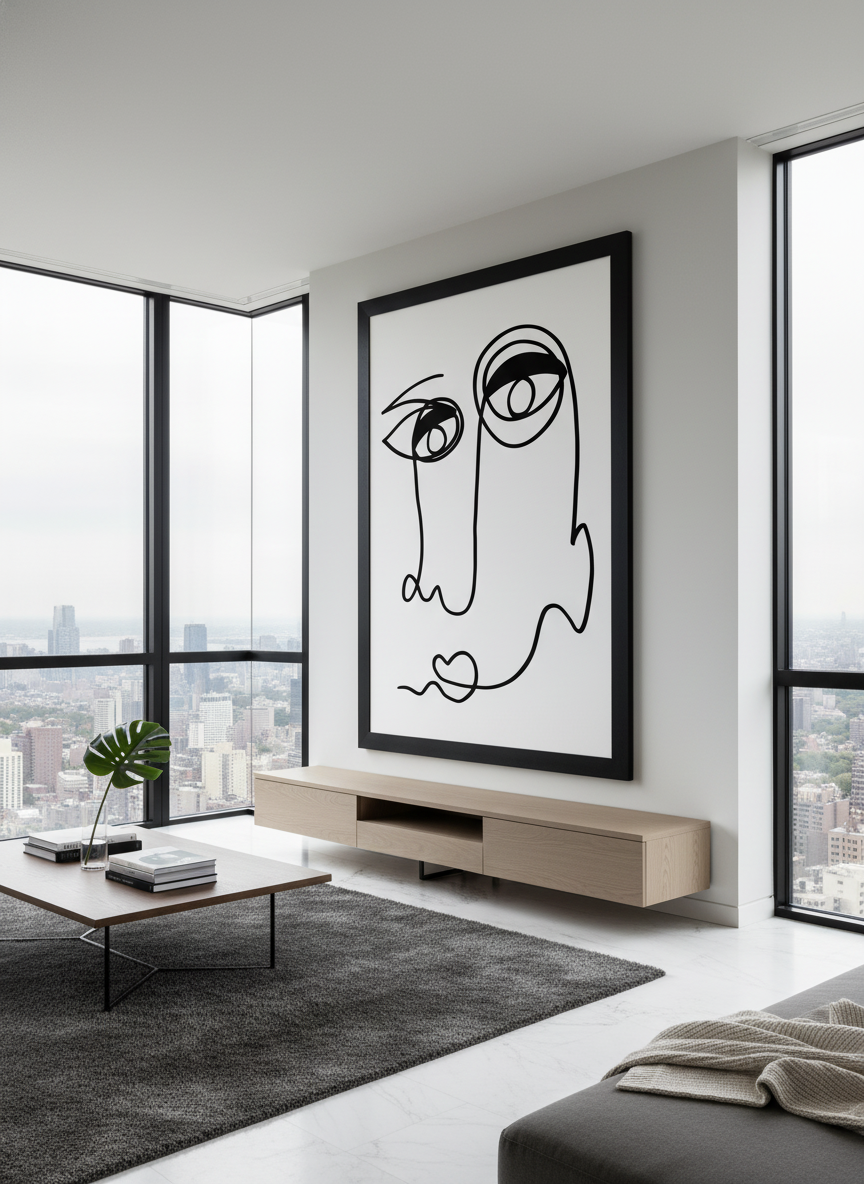 Monumental artwork centred on a feature wall in a luxe interior