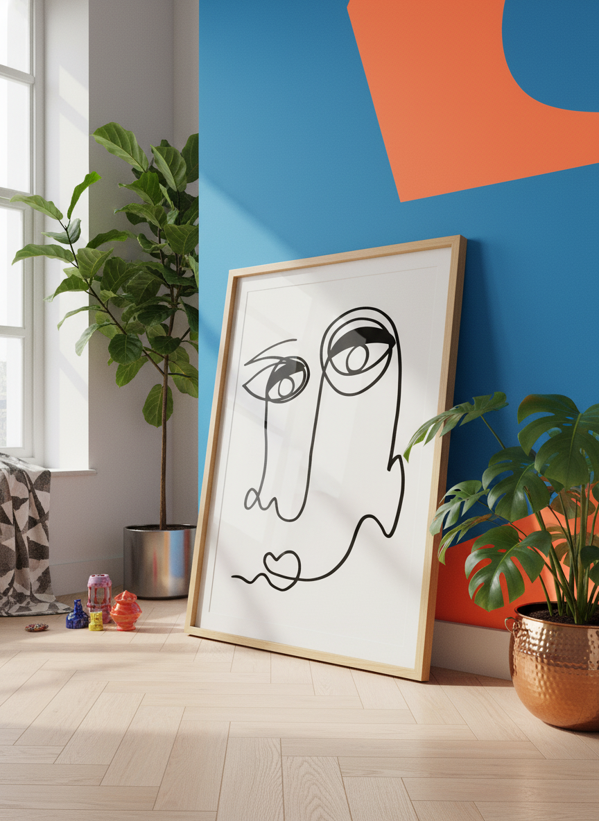 Bold wall art styled in a colourful, eclectic modern home