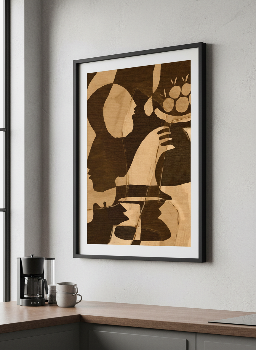 Artwork styled on the wall of a bright modern kitchen