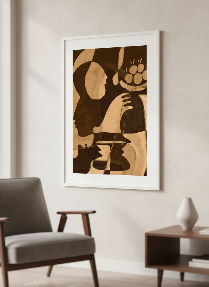 Modern wall art styled above a sofa in a neutral living room