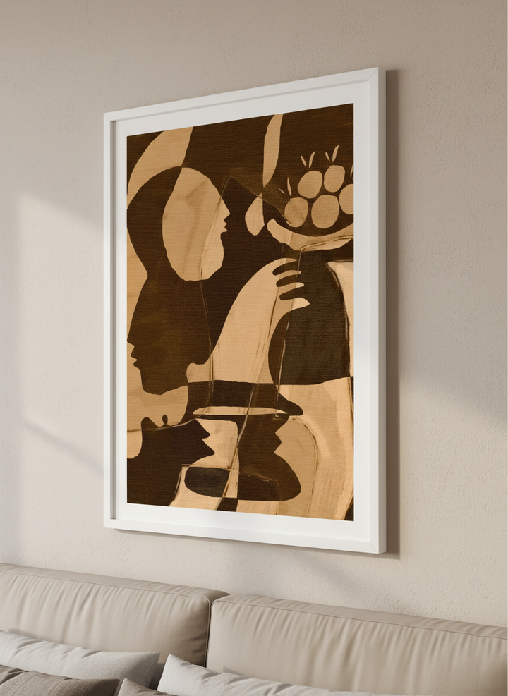 Minimalist artwork displayed in a calm, light-filled bedroom interior
