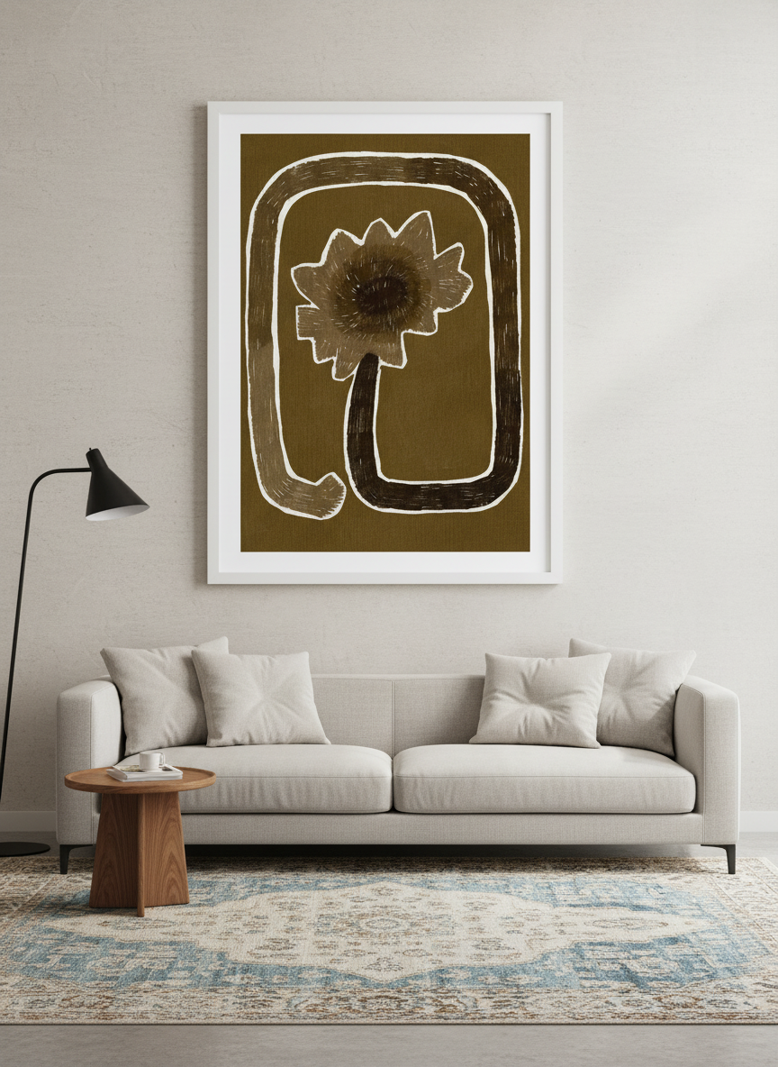 Modern wall art styled above a sofa in a neutral living room