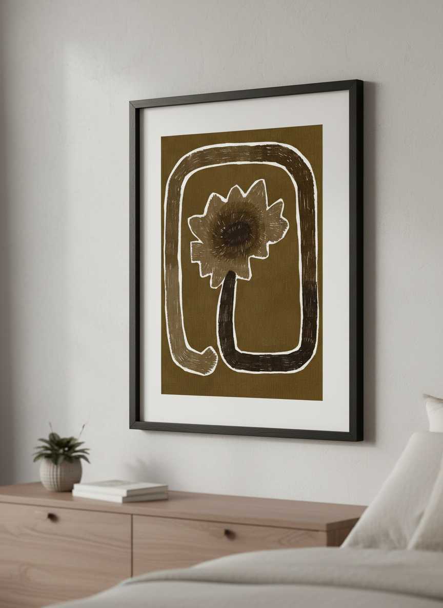 Minimalist artwork displayed in a calm, light-filled bedroom interior