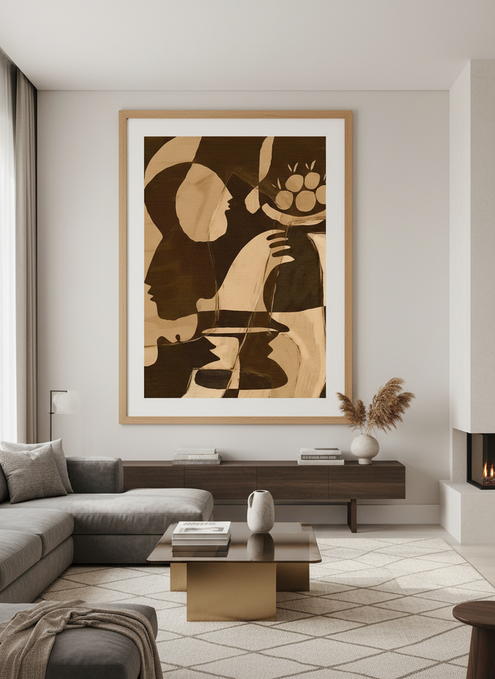 Monumental artwork centred on a feature wall in a luxe interior
