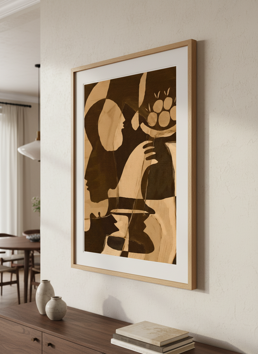 Wall art styled above a dining table in a contemporary home