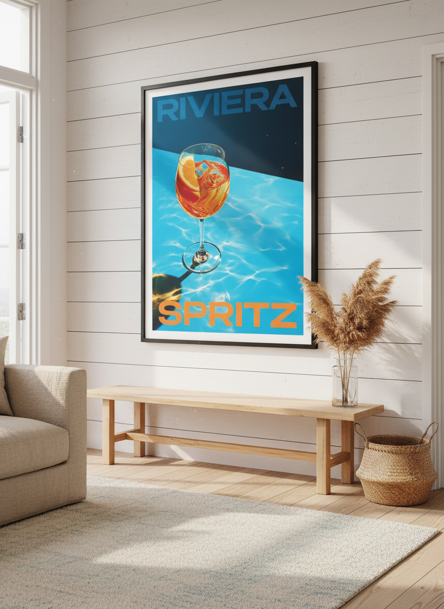 Neutral wall art displayed in a sunny coastal beach house