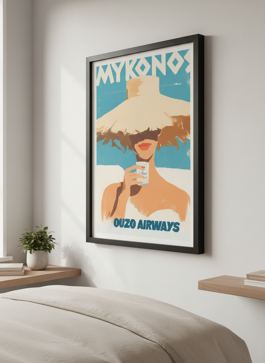 Minimalist artwork displayed in a calm, light-filled bedroom interior