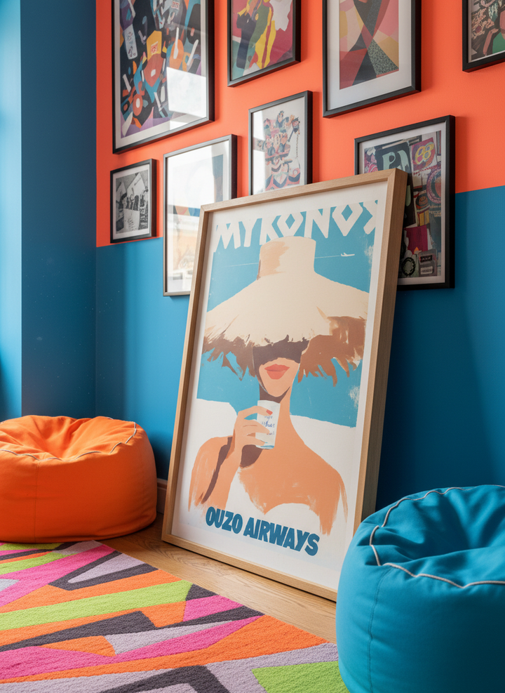 Bold wall art styled in a colourful, eclectic modern home