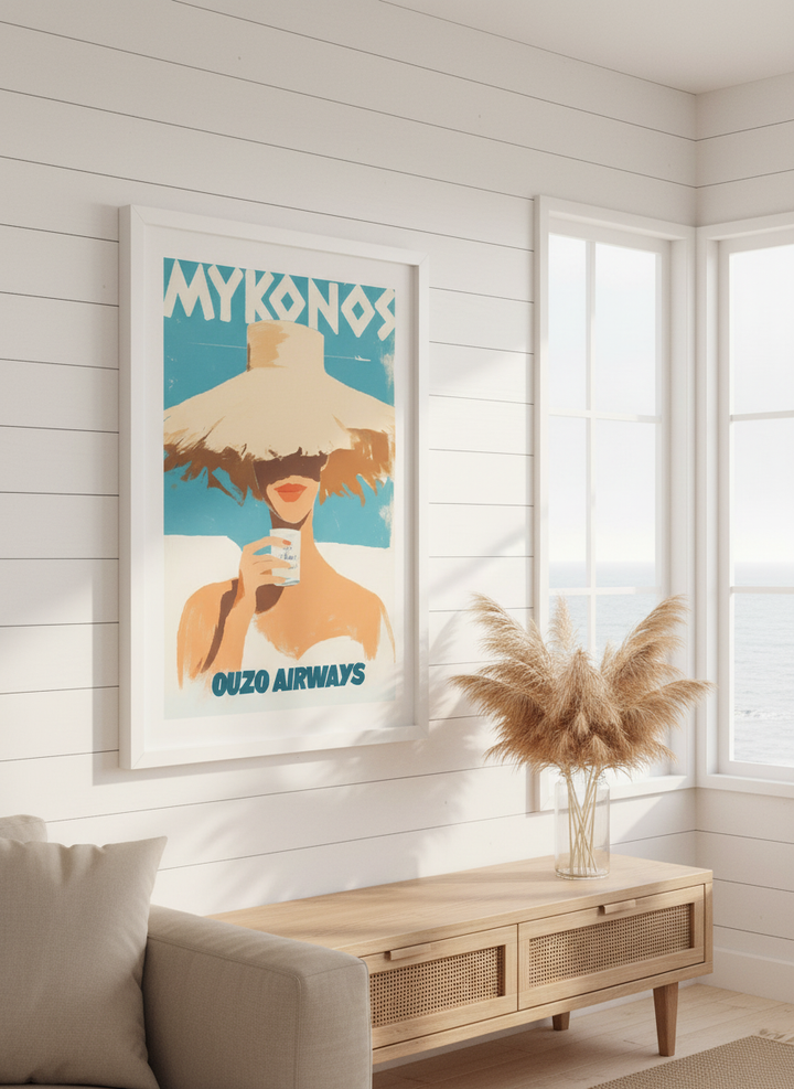 Neutral wall art displayed in a sunny coastal beach house