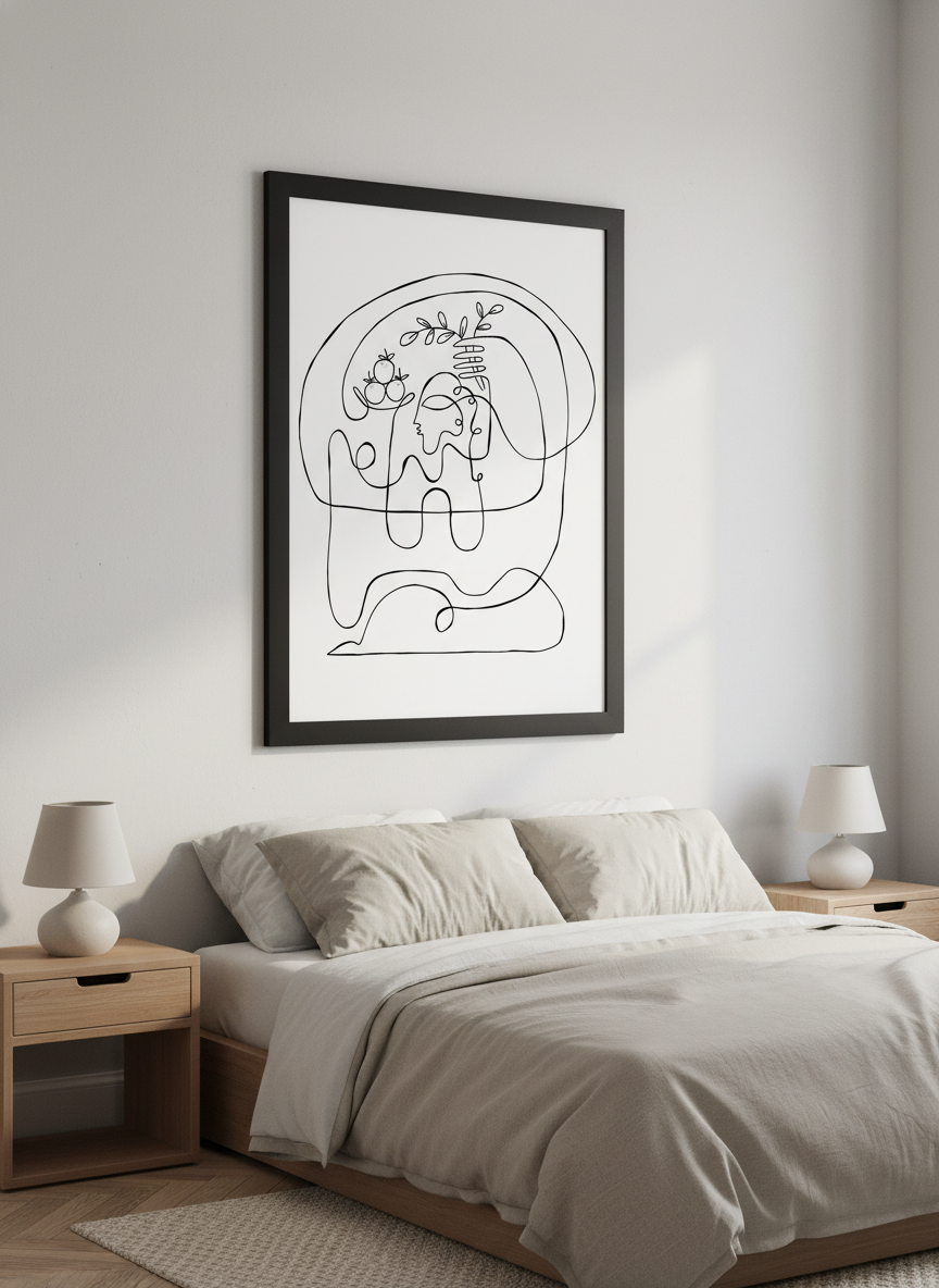 Minimalist artwork displayed in a calm, light-filled bedroom interior