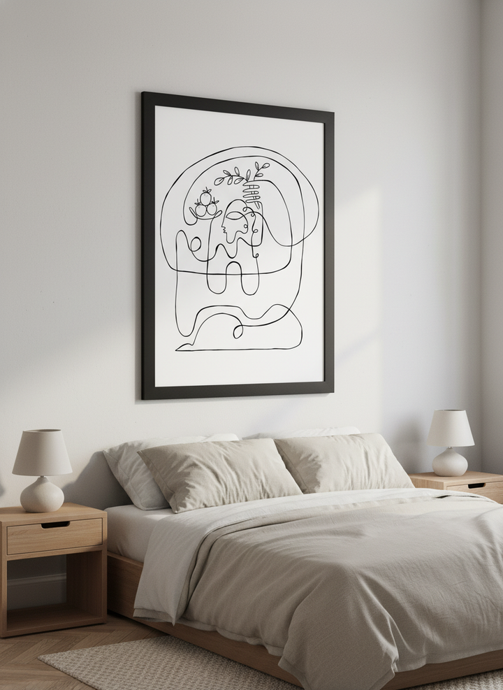Minimalist artwork displayed in a calm, light-filled bedroom interior