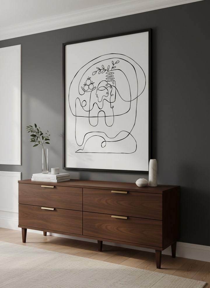 Monumental artwork centred on a feature wall in a luxe interior