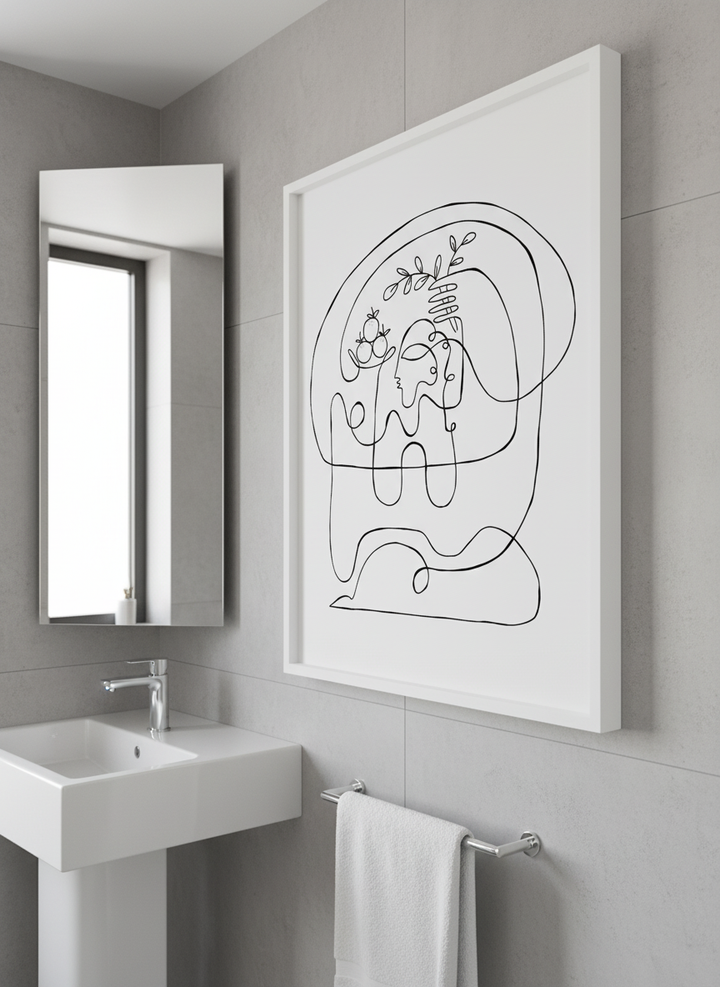Modern print displayed in a clean minimalist bathroom setting