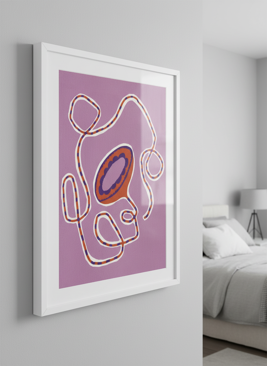 Minimalist artwork displayed in a calm, light-filled bedroom interior
