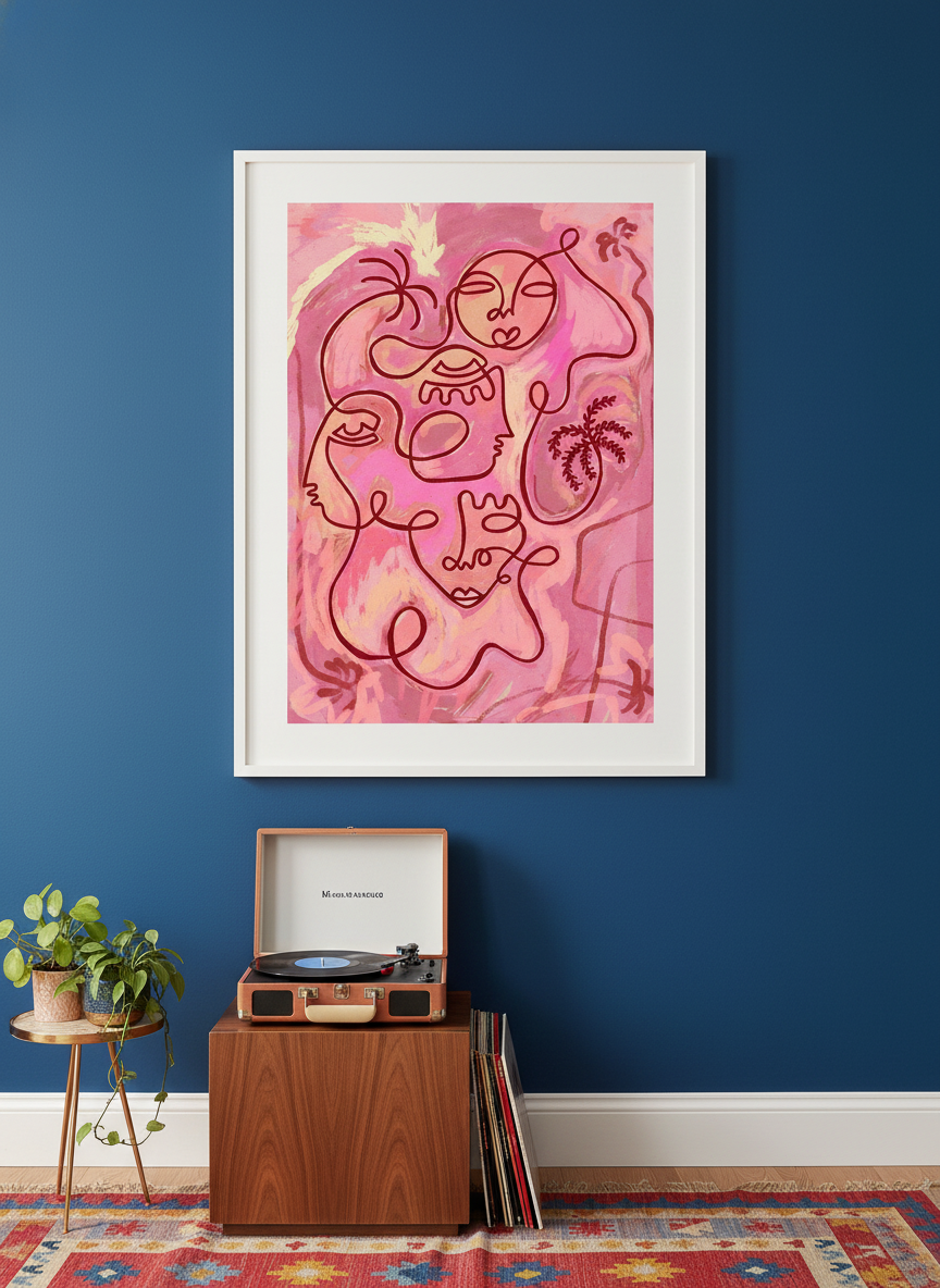 Bold wall art styled in a colourful, eclectic modern home
