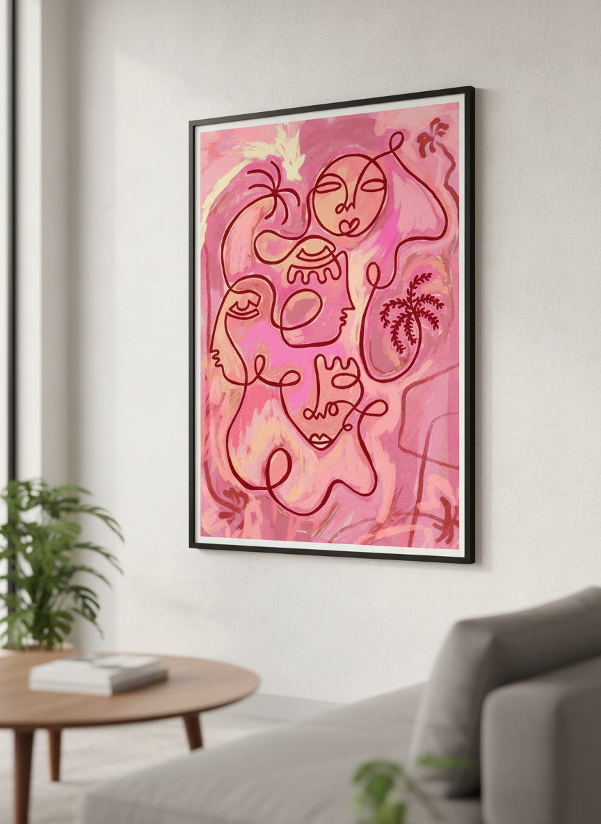 Modern wall art styled above a sofa in a neutral living room
