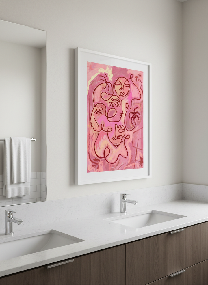 Modern print displayed in a clean minimalist bathroom setting