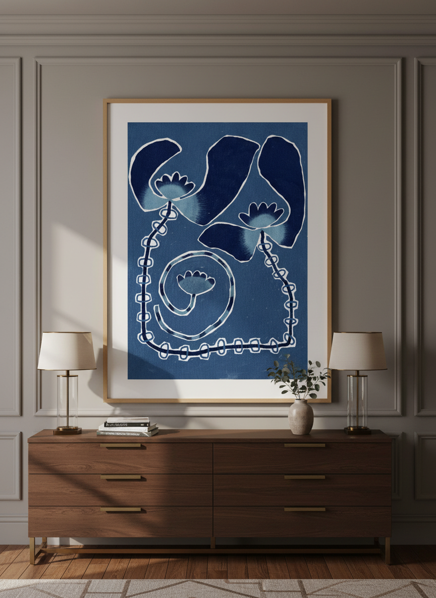Monumental artwork centred on a feature wall in a luxe interior