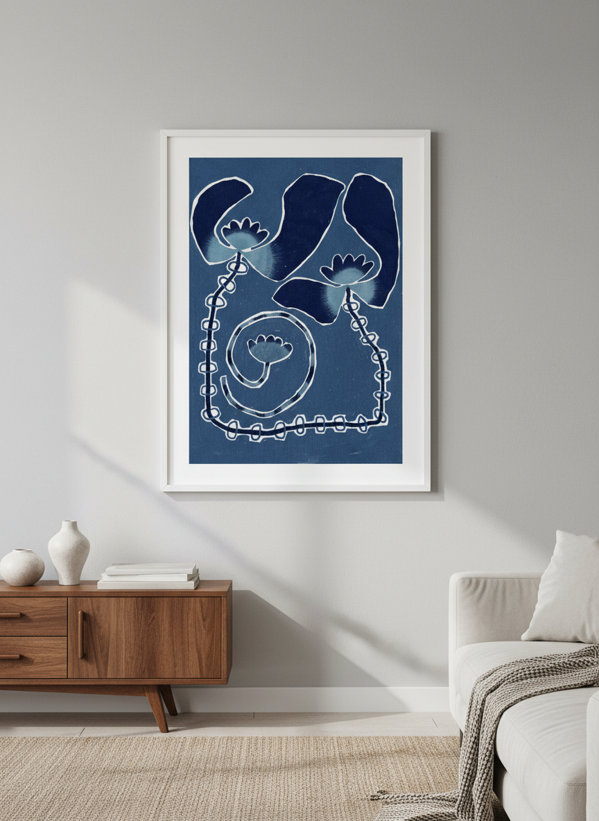 Modern wall art styled above a sofa in a neutral living room