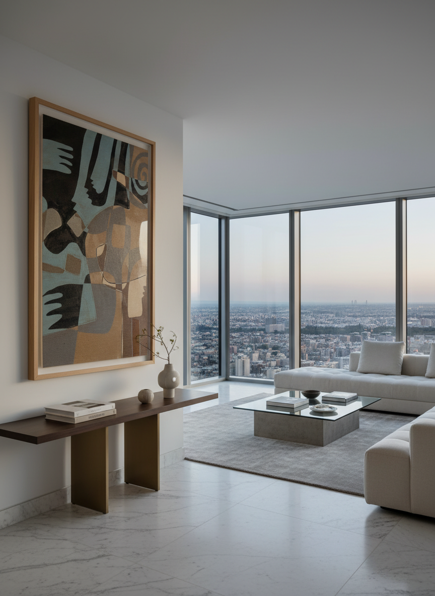 Monumental artwork centred on a feature wall in a luxe interior
