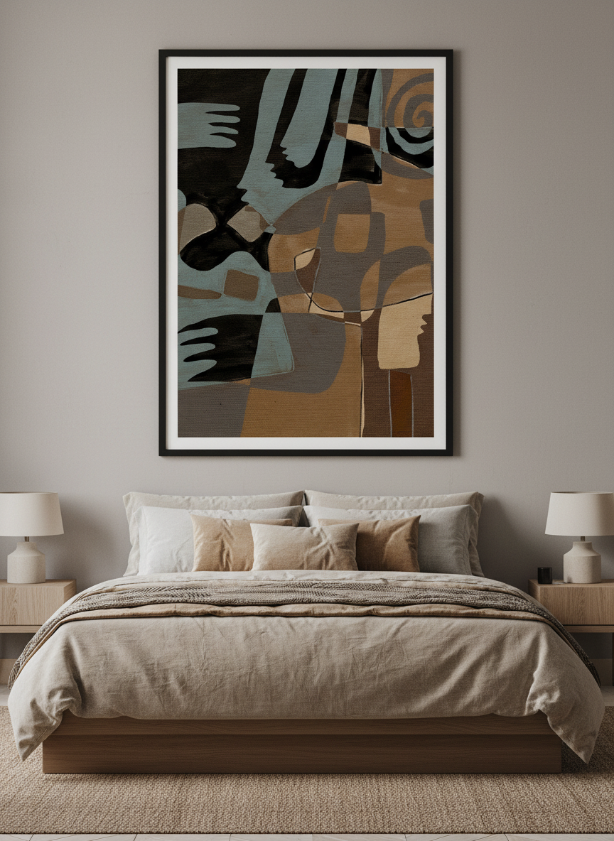 Minimalist artwork displayed in a calm, light-filled bedroom interior