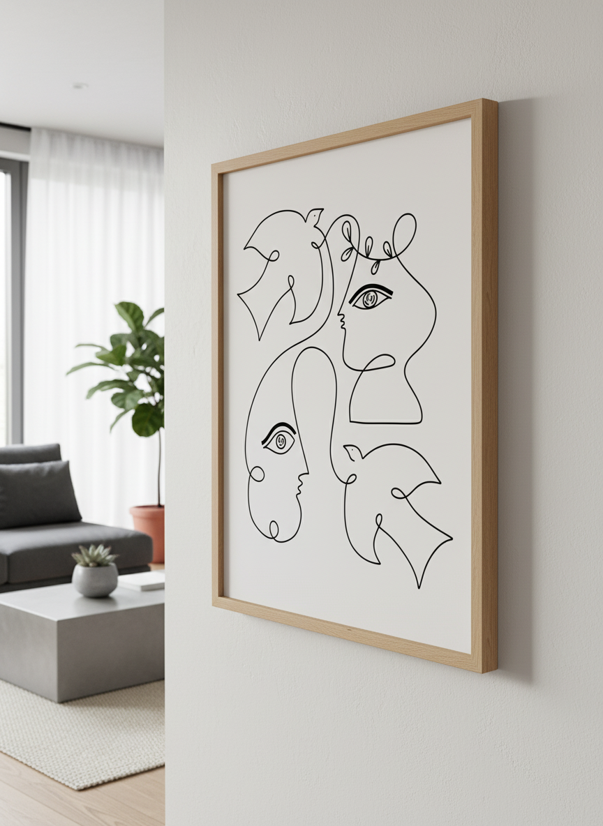 Modern wall art styled above a sofa in a neutral living room