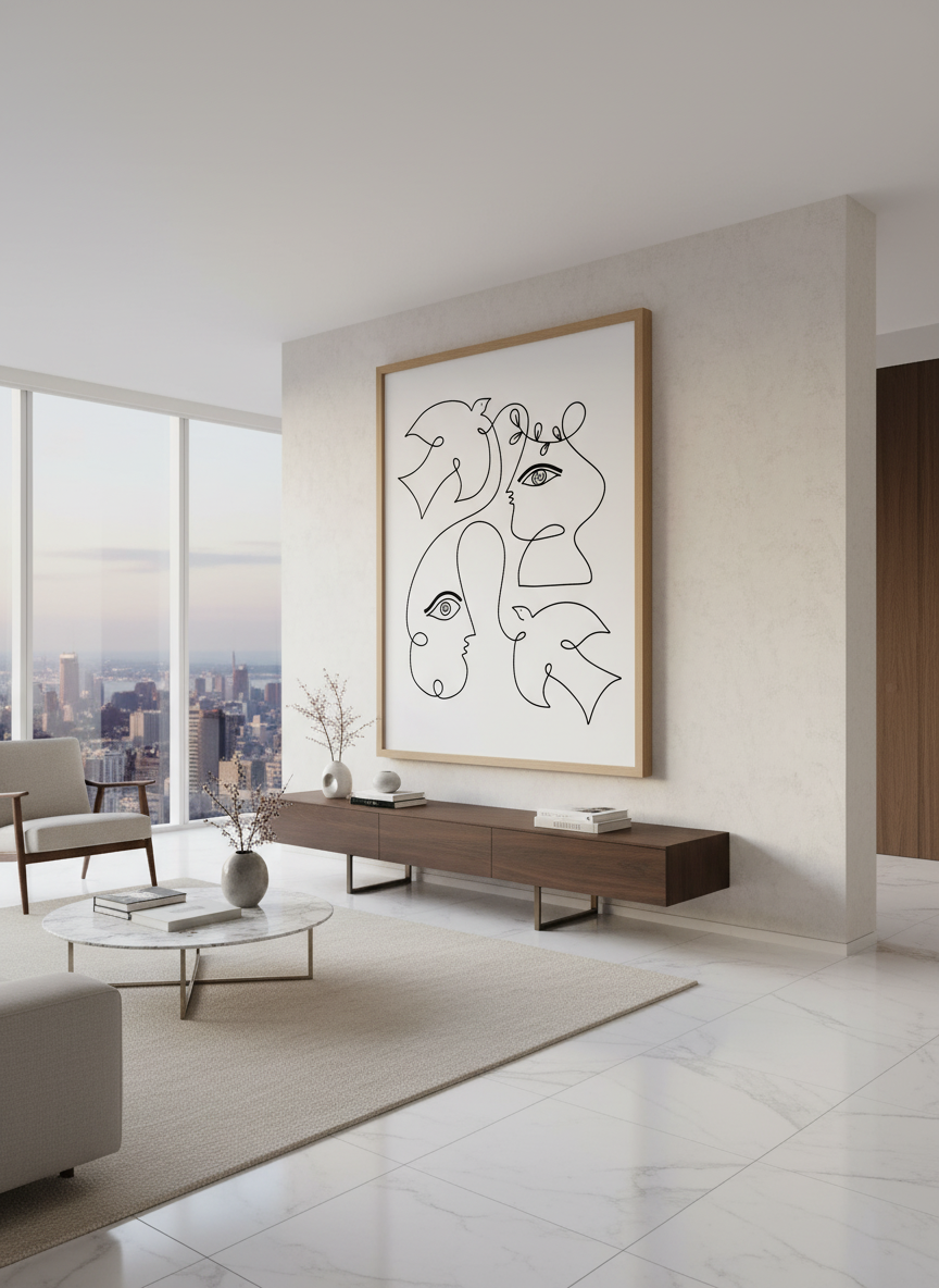 Monumental artwork centred on a feature wall in a luxe interior