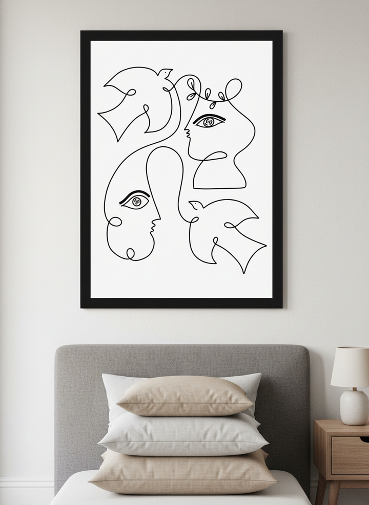 Minimalist artwork displayed in a calm, light-filled bedroom interior