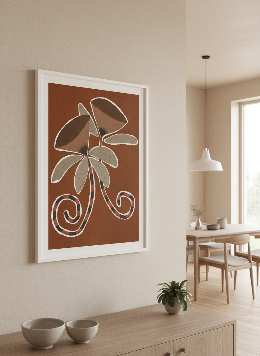 Wall art styled above a dining table in a contemporary home