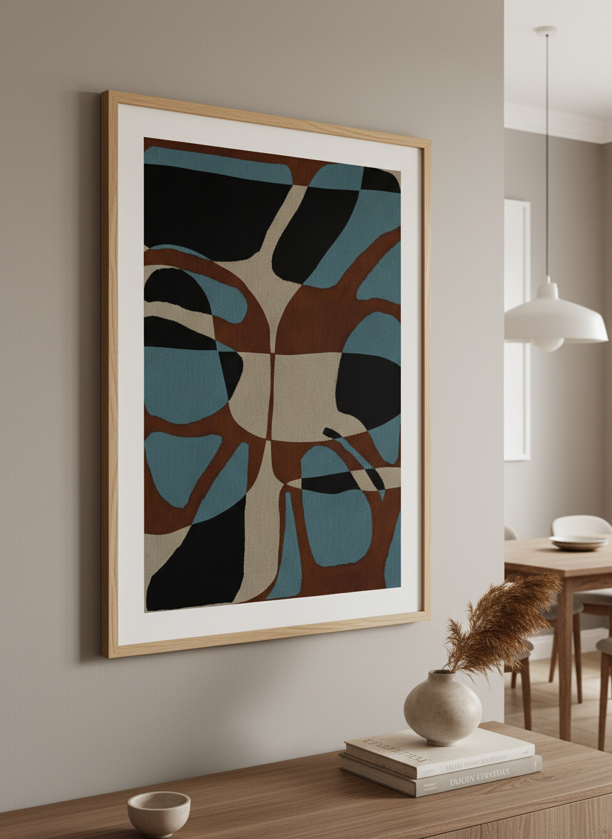 Wall art styled above a dining table in a contemporary home