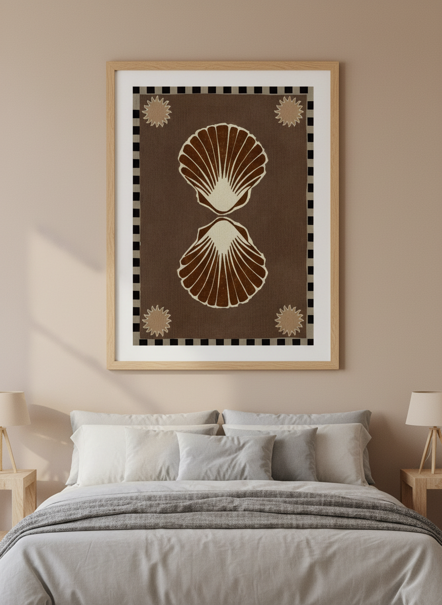 Minimalist artwork displayed in a calm, light-filled bedroom interior