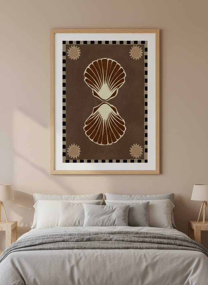 Minimalist artwork displayed in a calm, light-filled bedroom interior