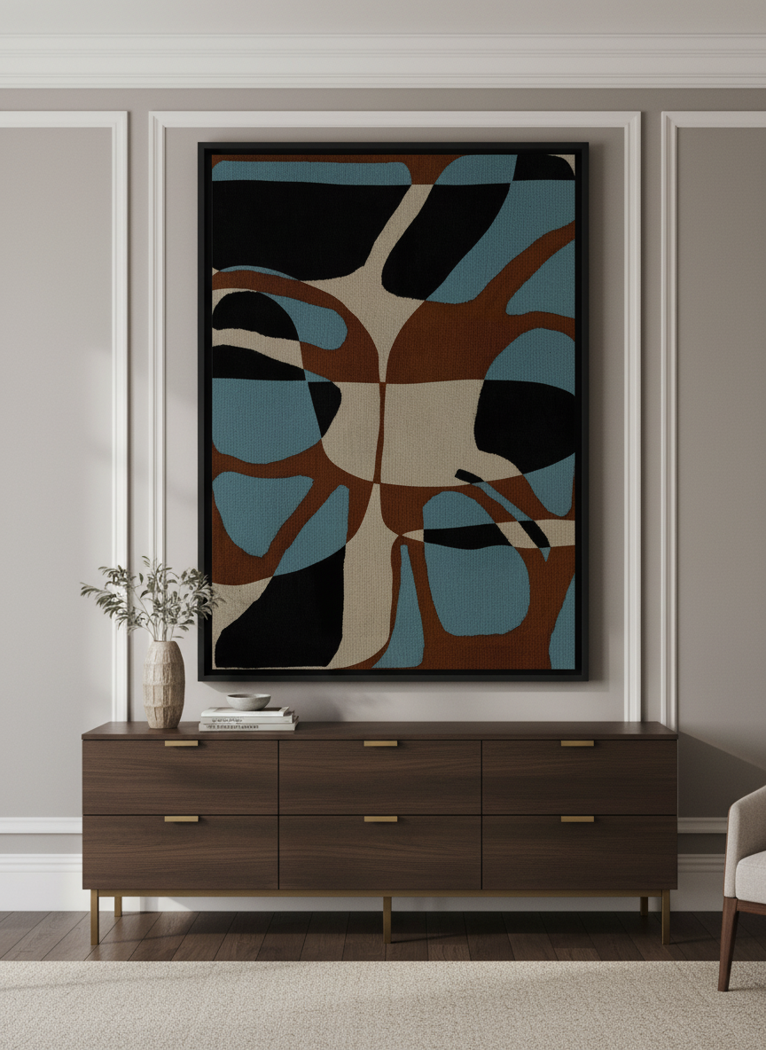 Monumental artwork centred on a feature wall in a luxe interior