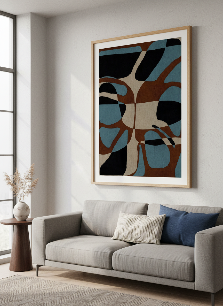 Modern wall art styled above a sofa in a neutral living room