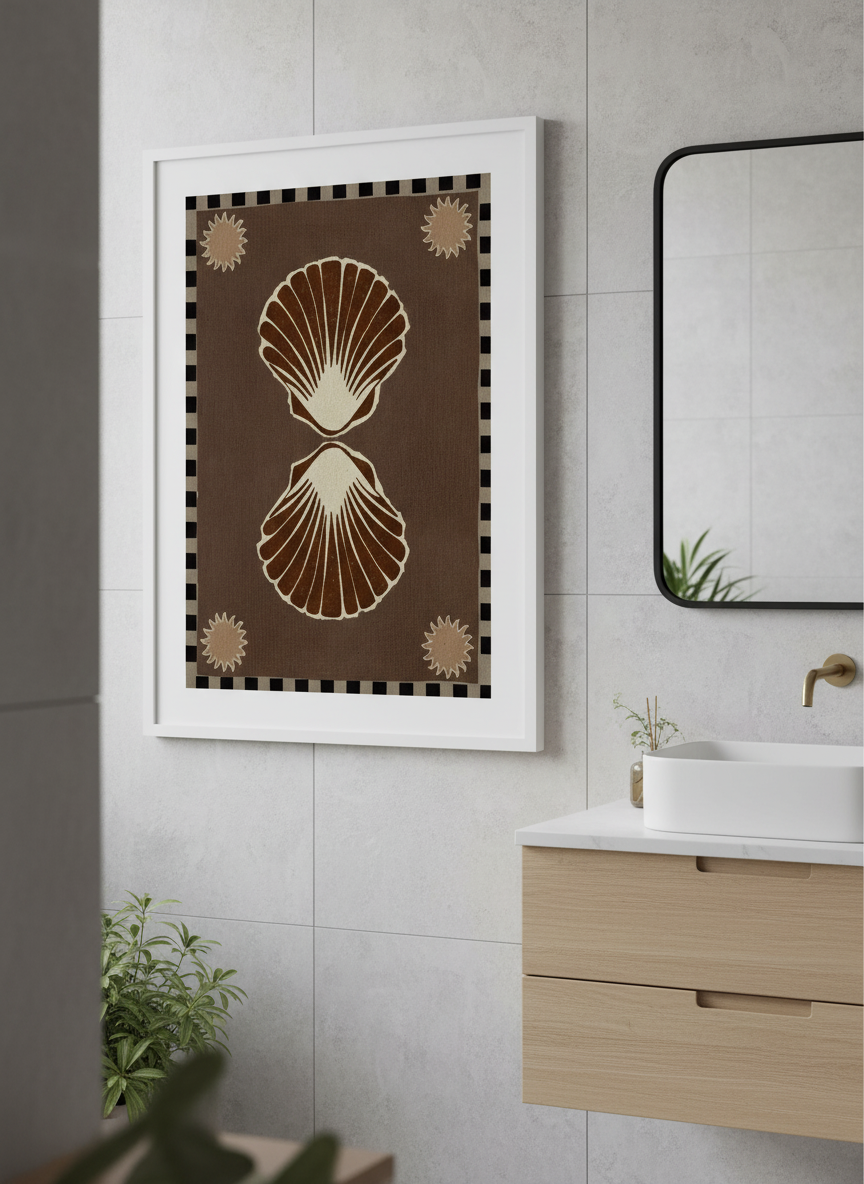 Modern print displayed in a clean minimalist bathroom setting