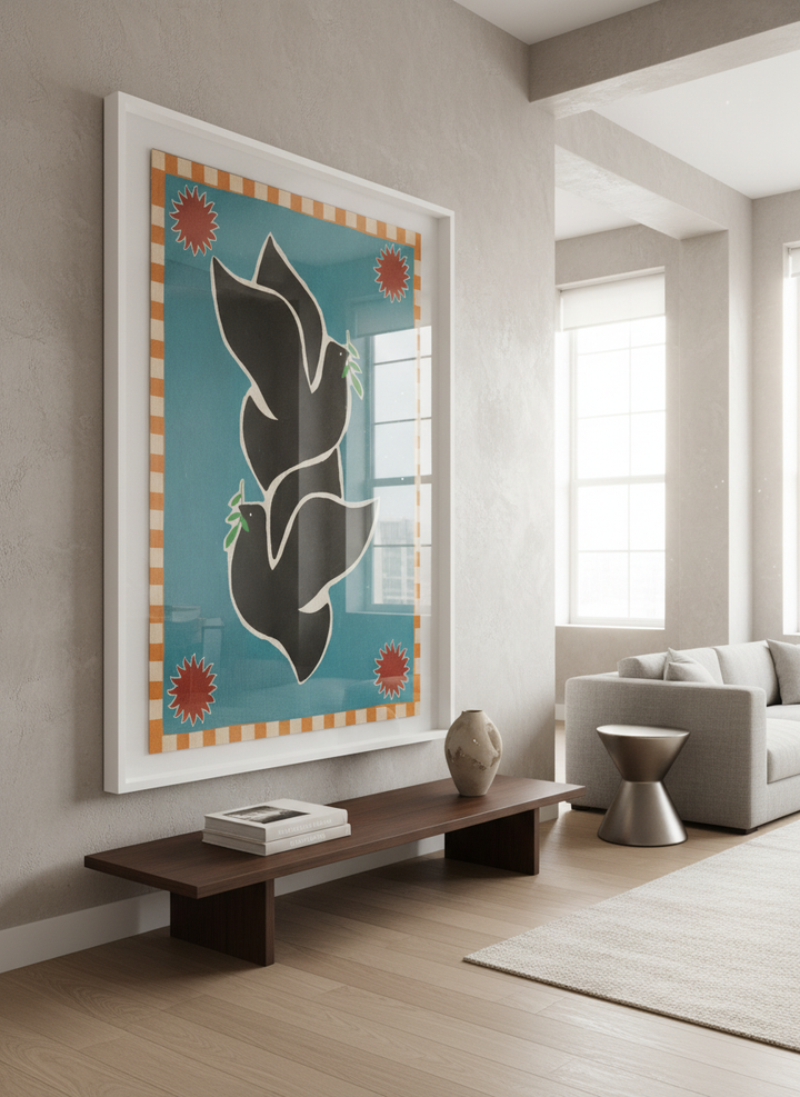Monumental artwork centred on a feature wall in a luxe interior