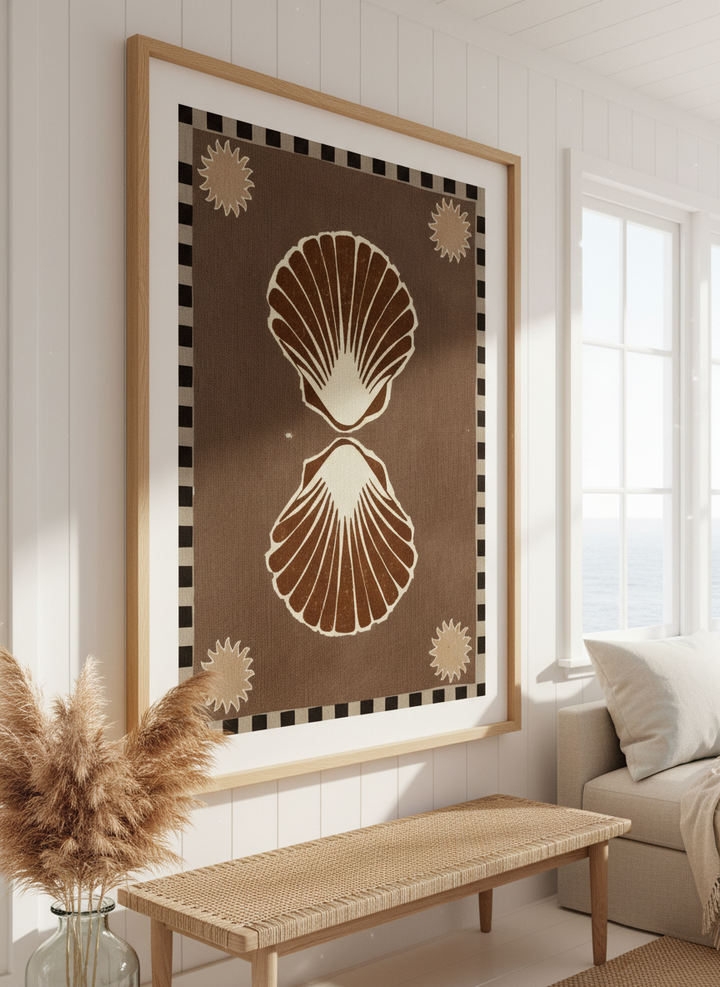 Neutral wall art displayed in a sunny coastal beach house