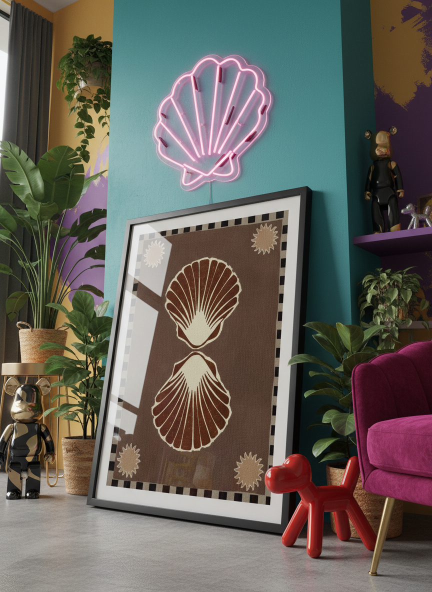 Bold wall art styled in a colourful, eclectic modern home