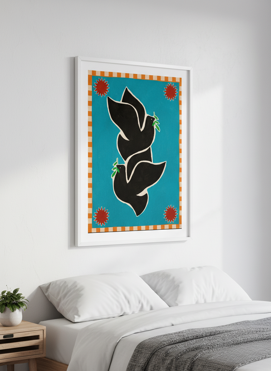 Minimalist artwork displayed in a calm, light-filled bedroom interior